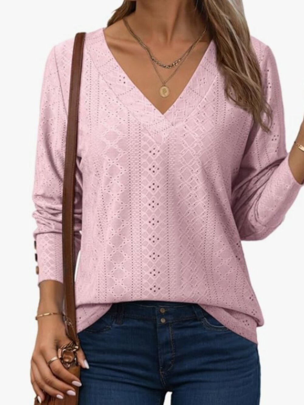 Pink Long Sleeve Eyelet Top, V-Neck, Size XXL